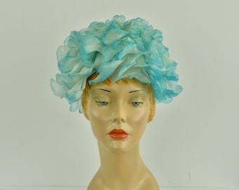 195060s Blue Straw Hat  .. Mr M Original ...Organdy Silk Flowers & Velvet Ribbon.... Medium size Small