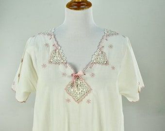 1910/20s  Ivory Linen Nightgown with Pink Embroidery & Lace........sizes XL