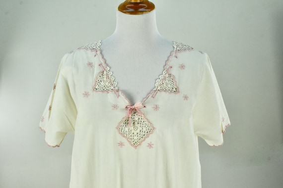 1910/20s  Ivory Linen Nightgown with Pink Embroid… - image 1