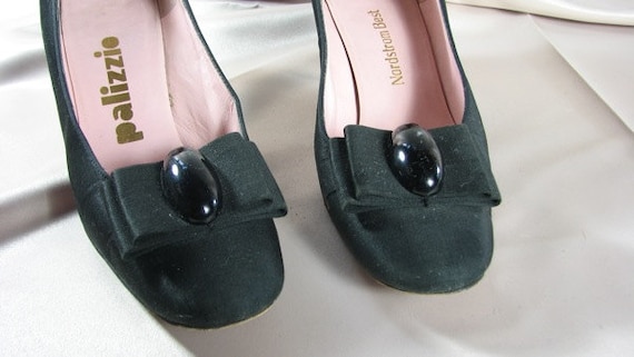 1960s Black Satin Pumps with Bows...... Hand Sewn… - image 1