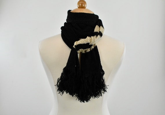 Edwardian Crocheted  LONG Silk Black & Ivory Scarf - image 1