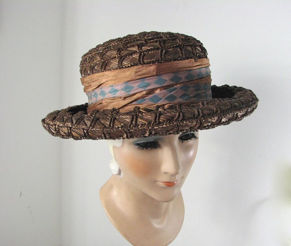 Edwardian Copper Brown Straw Hat with Silk Ribbon… - image 1