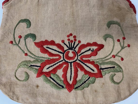 Antique  Hand EMBROIDERED Linen Drawstring Purse … - image 2