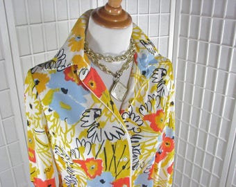 1960/70s Vera Nylon Blouse  VIBRANT COLORS & MOTIF    size  12/Medium