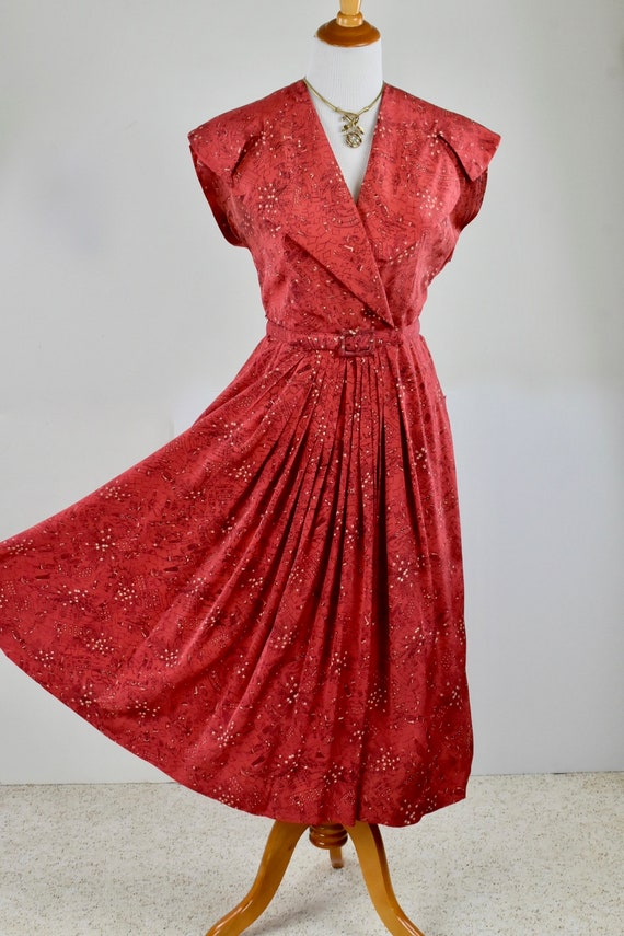 1950s  Novelty Print Red SILK  Dress of FASHION ,… - image 1