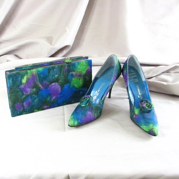 1950/60s Mr. Seymour Stiletto Heels / 6 1/2 & Sydney of California Matching Clutch ..... Peacock Peau de Soie