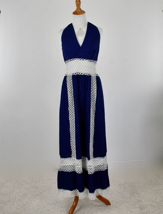 1960s Backless / Halter Long Sundress in Blue wit… - image 1