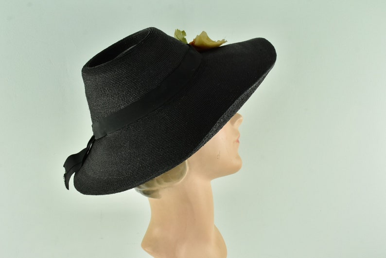 1930/40s Black Straw Hat ...... size Small image 5