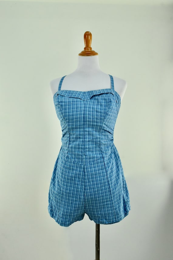 1950s CATALINA Blue Plaid Bathing Suit / Romper ..… - Gem