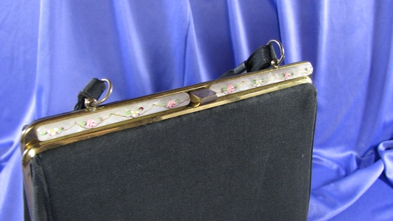 1950s Black Faille Handbag with Pearlescent Rosey