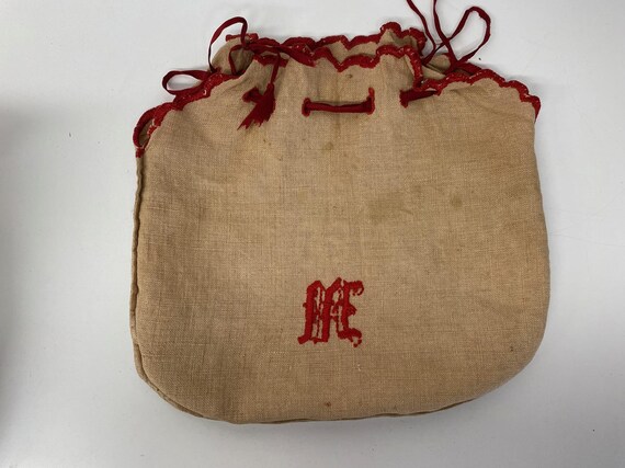 Antique  Hand EMBROIDERED Linen Drawstring Purse … - image 8