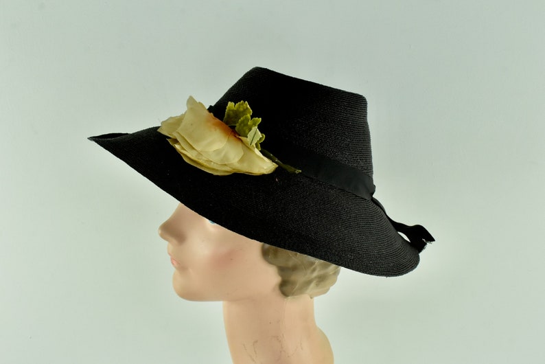 1930/40s Black Straw Hat ...... size Small image 2