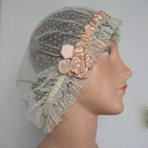 Edwardian Lace Boudoir Cap with Peach Ribbon Work and Hand Made Lace