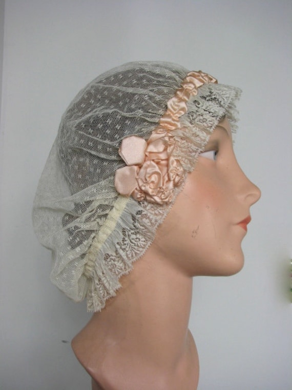 Edwardian Lace Boudoir Cap With Peach Ribbon Work and Hand 