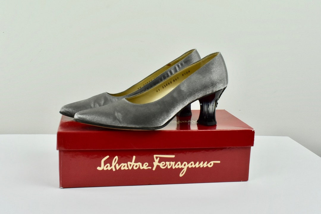 Ferragamo Does LUCITE Heels With Overlay.... 1990s..... Metallic Silver Fabric....size 8