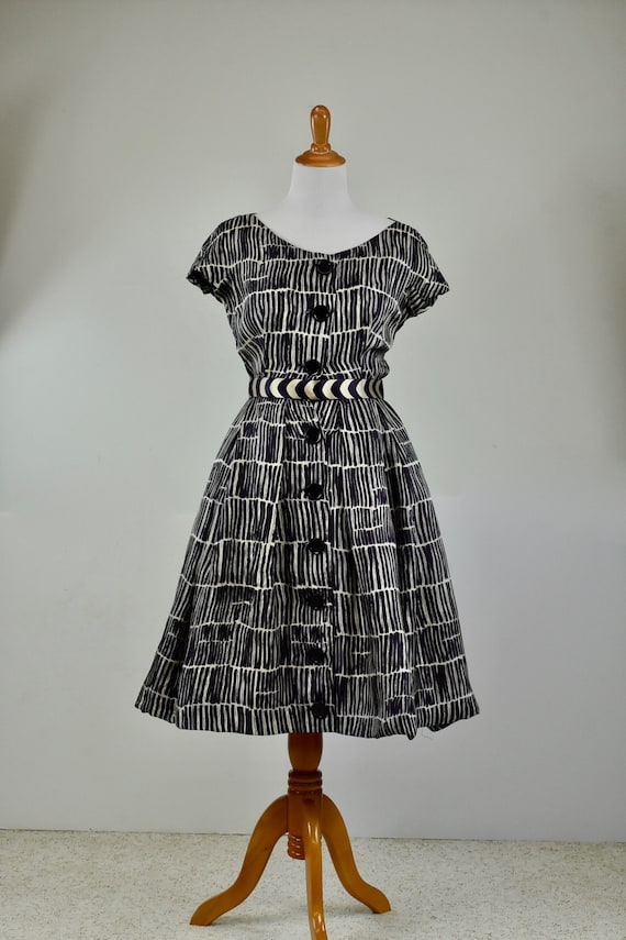 1950s BRANELL Button Down  Navy & Cream Silk Dress