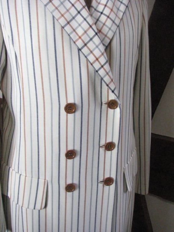 1970/80s Adele Simpson Blue and Tan Striped Coat