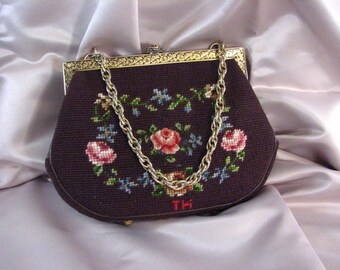 1950s Brown Floral Hand Made Needlepoint Handbag with Leather Trim / Elegant Hardware