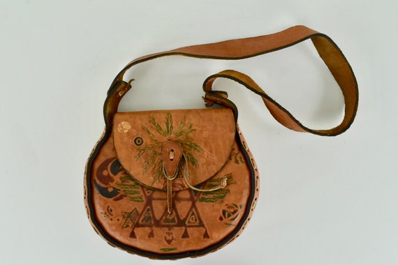 Vintage Hand Tooled Natural Leather Shoulderbag..… - image 1