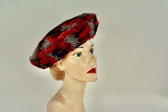 1980s Red \u0026 Black Feather Church Hat by 