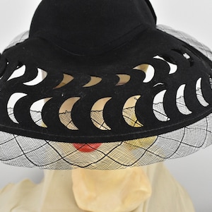 1930s Black  PEEK -a BOO  Hat with Fabulous Cut Work & Net  Trim .....   size Small