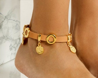 Anklets for Women, Bohemian Anklets, Chunky Anklets, Leather Anklets with Gold Plated Coins, Gold Anklets, Bohemian Jewelry, Made to Order