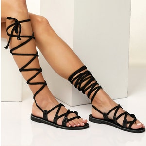 Black Gladiator Sandals Flat, Knee High Sandals with Braided Straps, "Selene", Made to Order