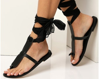 Black Leather Sandals Women, Ribbon Sandals, Evening Sandals Flat, Boho Sandals, Lace up Sandal, Dressy Flat Sandals, "Elpida" Custom Made