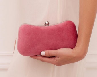 Rose Pink Velvet Clutch, Mini Handbag with Chain, "Persa", Custom Made in 14 Colors
