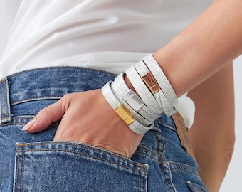 Set of 3 Leather Wrap Bracelets, Leather Bracelets, Women Bracelets, White Bracelets, Gift for Her, &quot;Chara&quot;, Custom Made