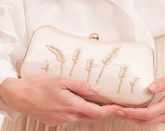 Satin Wedding Clutch with Pearls and Beads in Ivory, "Persa" Made to Order