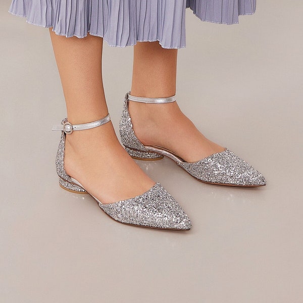 Glitter Wedding Flats, Pointy Low Heel Shoes, Silver Wedding Shoes, Sparkly Flat Shoes, Silver Bridal Flats,  "Olympia" Made to Order