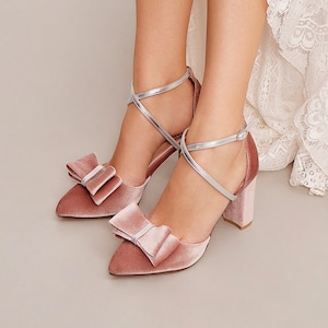 Blush Bridal Shoes, Pink Heels for Bride, Bow Wedding Shoes, Pink Pumps, Velvet Wedding Shoes, Bow Block Heels, &quot;Carissa&quot; Custom Made
