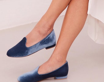Blue Velvet Loafers, Low Heel Shoes, Blue Flat Shoes, Dusty Blue Moccasins Women&#39;s, Round Toe Flats, Blue Loafers Flats, &quot;Irene&quot; Custom Made