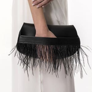 Black Leather Clutch, Formal Pouch, Evening Clutch Bag, Handmade Clutch, Clutc with Feathers  &quot;DOMNA&quot; Made to Order