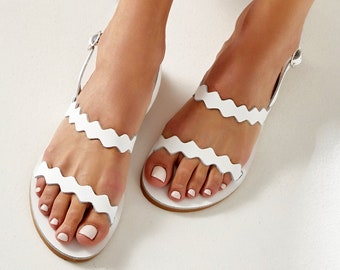 Sandals for Woman, White Leather Sandals, Flat Summer Shoes, Strappy Sandals, Minimalist Sandals, "Milos", Made to Order