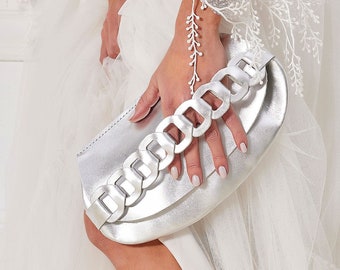 Silver Leather Clutch, Wedding Clutch Bag, Purse for Bride, Evening Clutch, Formal Clutch, "Iro" Made to Order