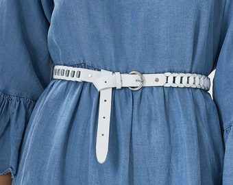 Leather Belt Women, White Belt, Slim Leather Belt, Woven Belt, Belt for Dress, "Amalia" slim, Custom Made