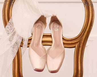 Ballet Heeled Wedding Shoes, Squared Ballerinas for Bride in Satin, Lace-up Bridal Shoes, "Myrto", Made to Order