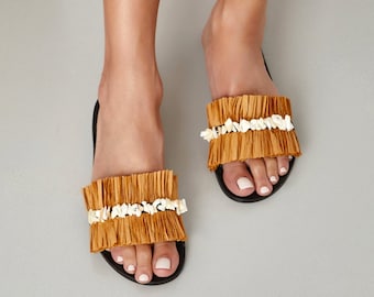 Slide Summer Sandals Flat, Embellished Sandals, Leather and Raffia, "Pandora", Made to Order