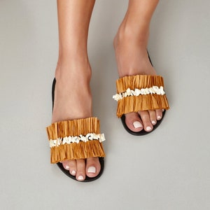 Slide Sandals, Leather Sandals, Women&#39;s Flat Sandals, Raffia Sandals. Slide Summer Shoes, &quot;Pandora&quot; Made to Order
