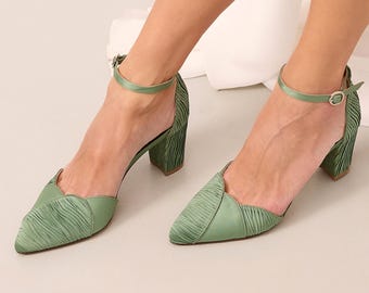 Sage Green Wedding Shoes, Pleated Satin Pumps with Ankle Strap, "Ianthe", Custom Made, NEW