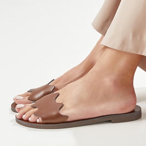 Greek brown leather flat sandals for women