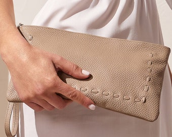 Beige Clutch Bag, Leather Clutch with Wrist Strap and Zipper, Evening Bag, Genuine Leather Pouch Women's, "Eleonora" Made to Order