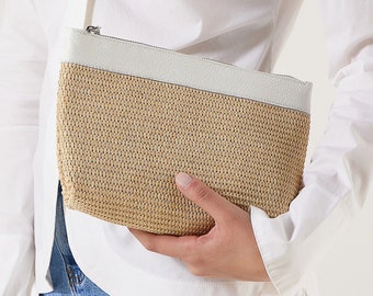 Straw Clutch Bag, Summer Clutch Bag, White Leather Clutch, Straw Evening Bag, Women's Vacation Clutch, "Emma" design, Made to Order