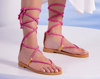 Women's Fuchsia Sandals, Gladiator Sandals, Handmade Leather Sandals, Strappy Sandal, Lace up Flats, Tie up Sandal, "Heliana" Custom Made