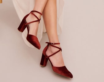 Brown Wedding Shoes, Velvet Block Heels Pointy Pumps for Bride, "Erato", Made to Order