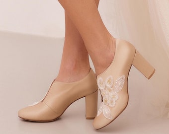 Bottes de mariée, bottines de mariage en dentelle, bottes de mariée couleur champagne, bottines en satin, bottines à la cheville, modèle « Alkistis » sur mesure
