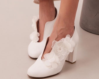 White Leather Wedding Booties with Flowers, Ankle Boots for Bride, "Alkistis", Made to Order