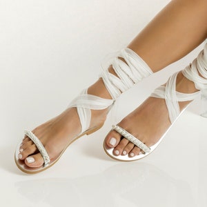 Wedding Sandals for Bride, Bridal Sandals, White Wedding Sandals, Beach Wedding Flats, Boho Wedding Shoes, &quot;Galene&quot; Custom Made